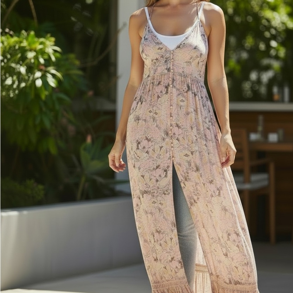 Anthropologie Floral Pink Lace-Trim Maxi  Cover-Up tunic